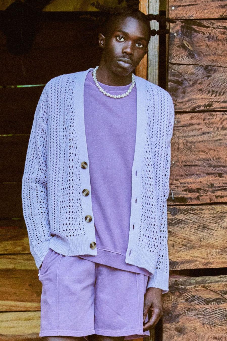 Lilac purple Knitted Dropped Shoulder Boxy Texture Cardigan