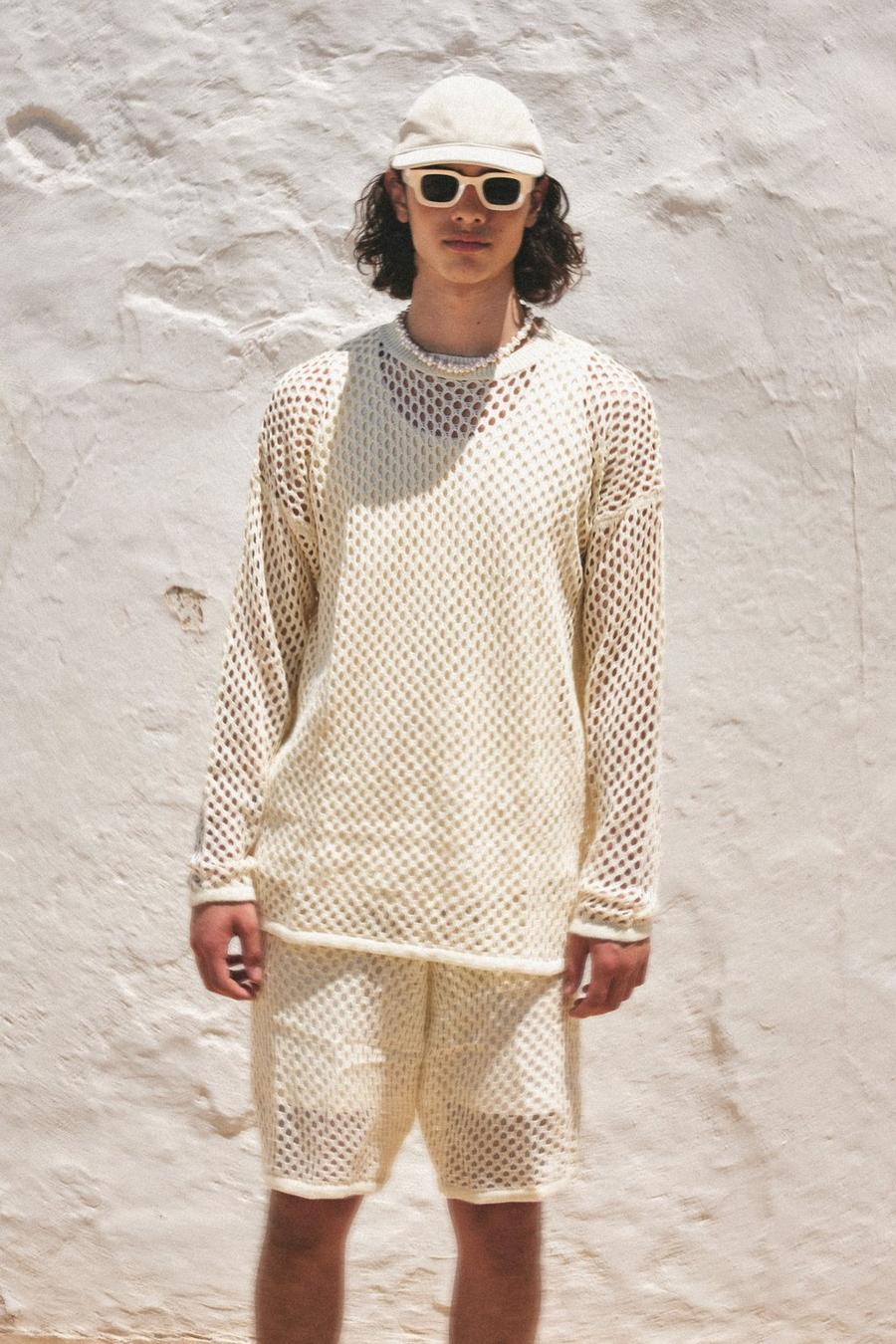 Ecru blanc Knitted Open Texture Oversized Jumper And Short Set