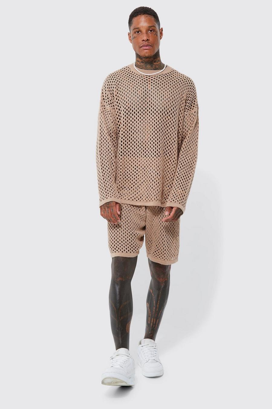 Taupe beige Knitted Open Texture Oversized Jumper And Short Set