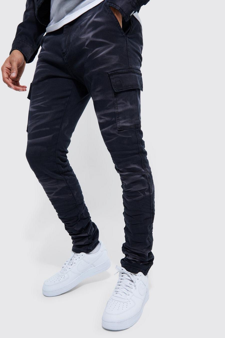 Black Fixed Waist Skinny Stacked Bleached Cargo