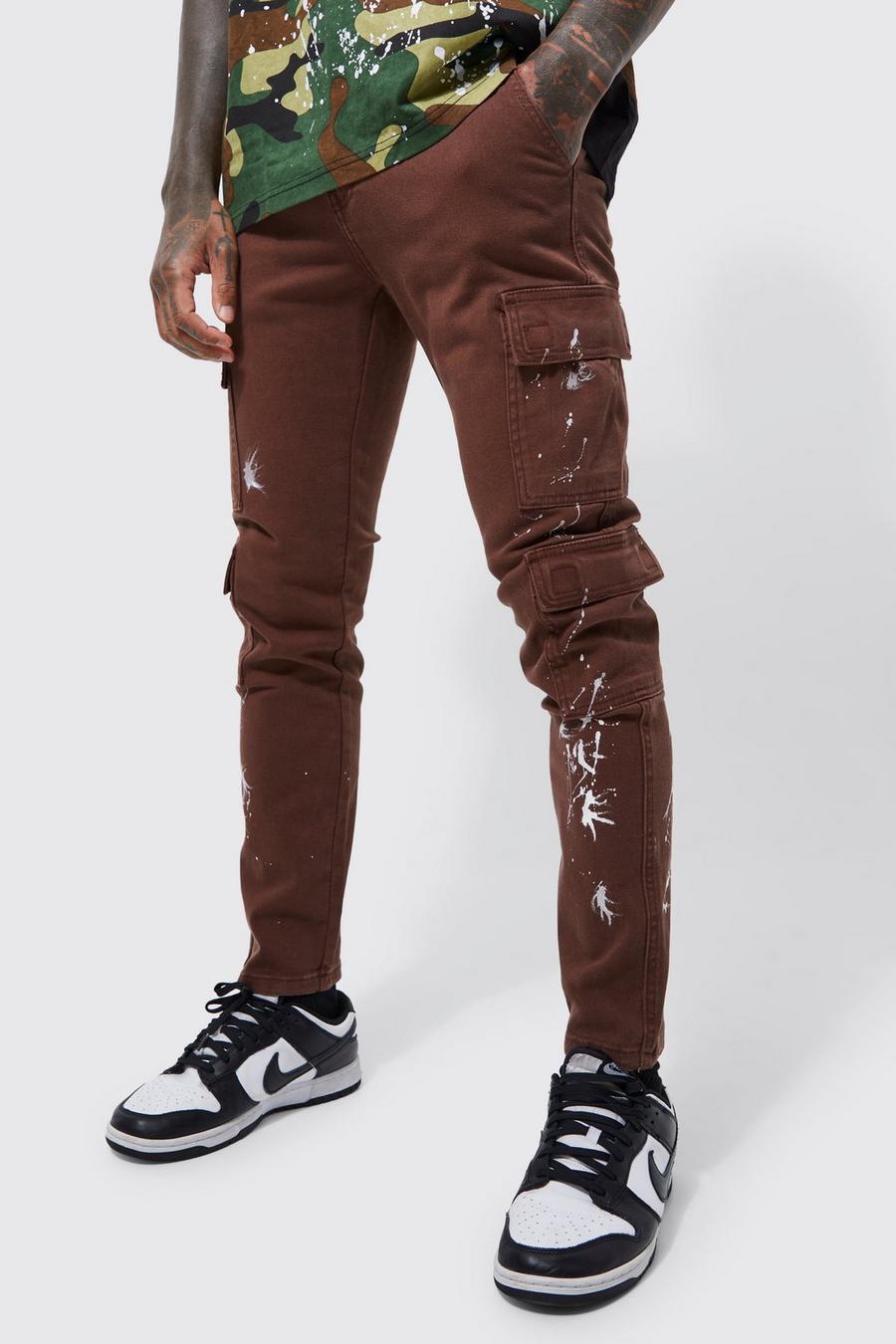 Chocolate brown Fixed Waist Skinny Paint Splat Cargo Trouser image number 1