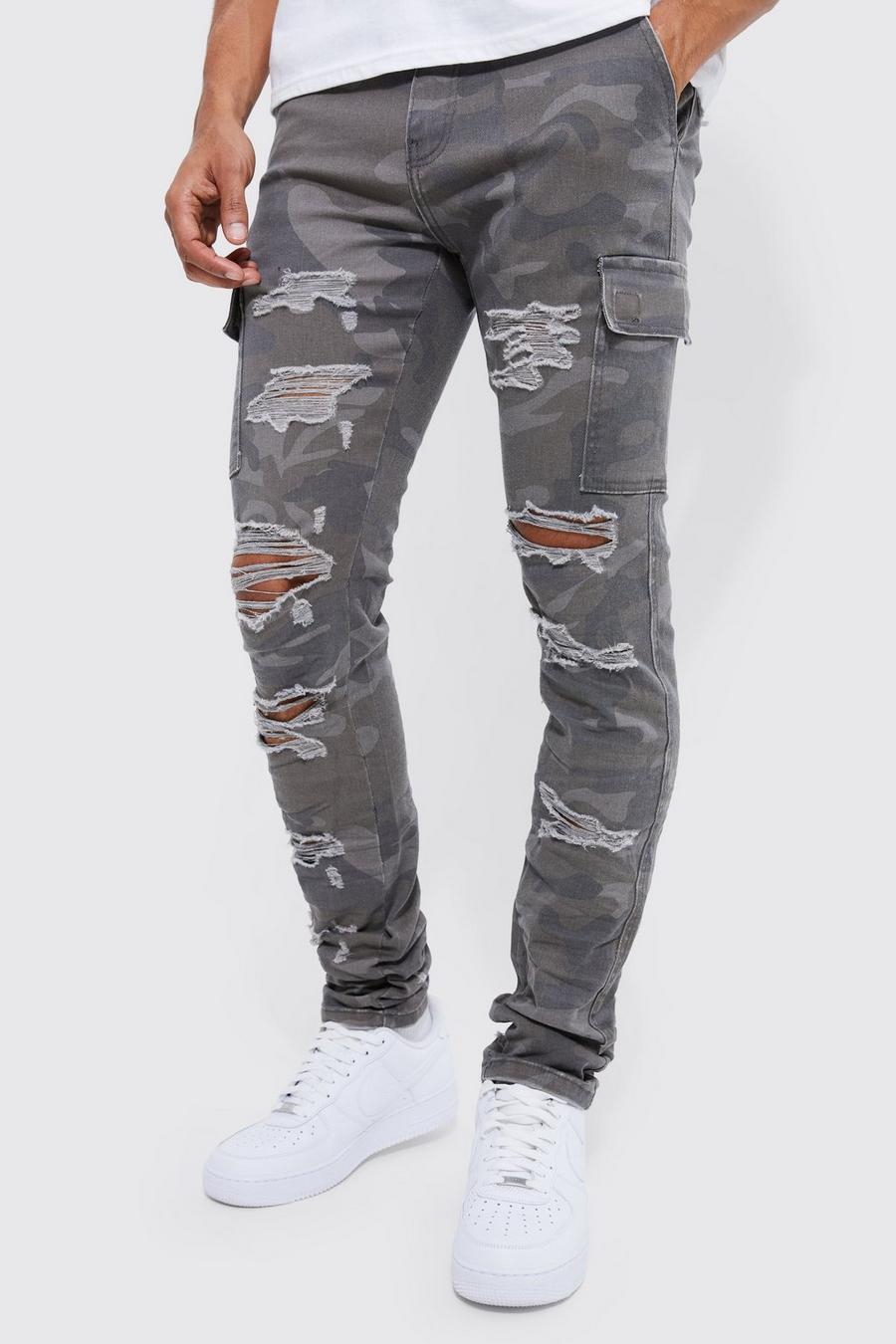 Fixed Waist Skinny Stacked Extreme Rip Camo Cargo image number 1