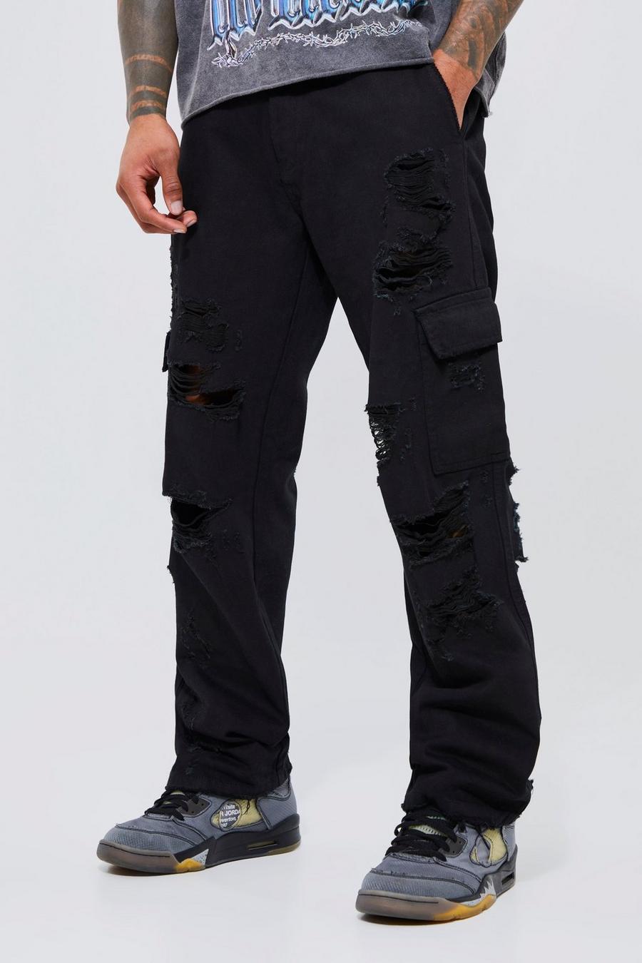 Black Fixed Waist Relaxed Rip And Repair Cargo image number 1