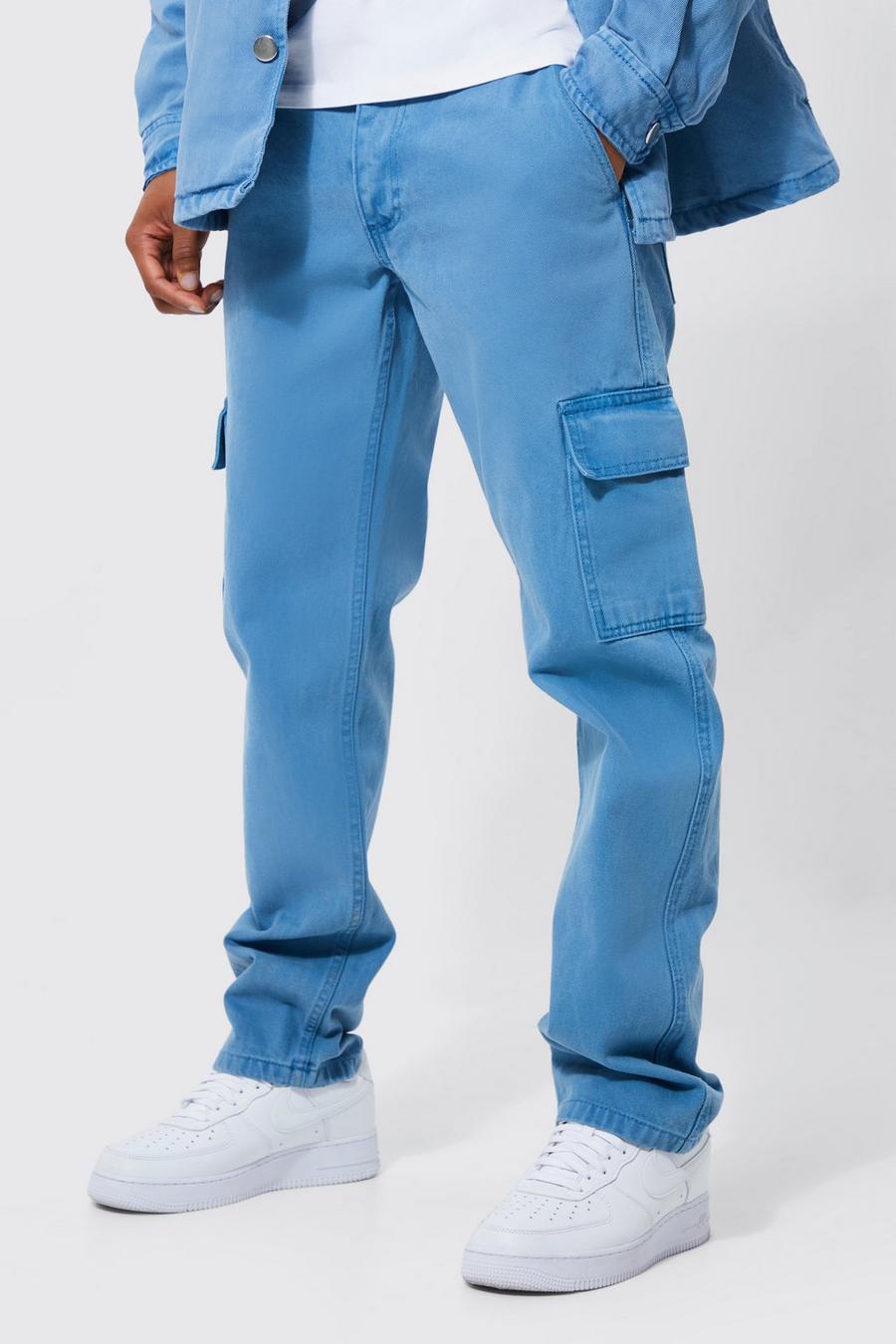 Denim-blue Fixed Waist Straight Twill Patch Pocket Cargo image number 1