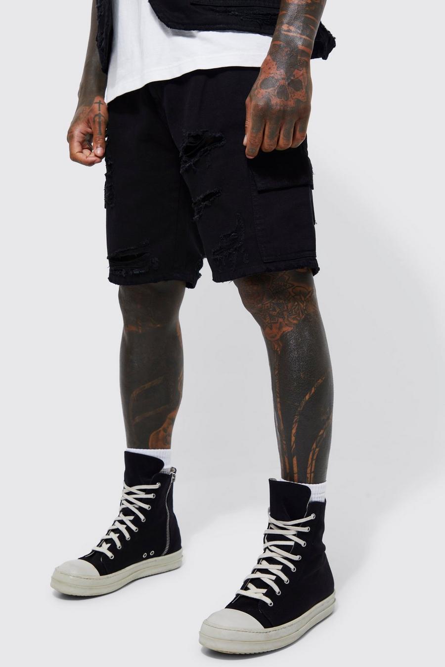Black Fixed Waist Relaxed Rip And Repair Cargo Short image number 1