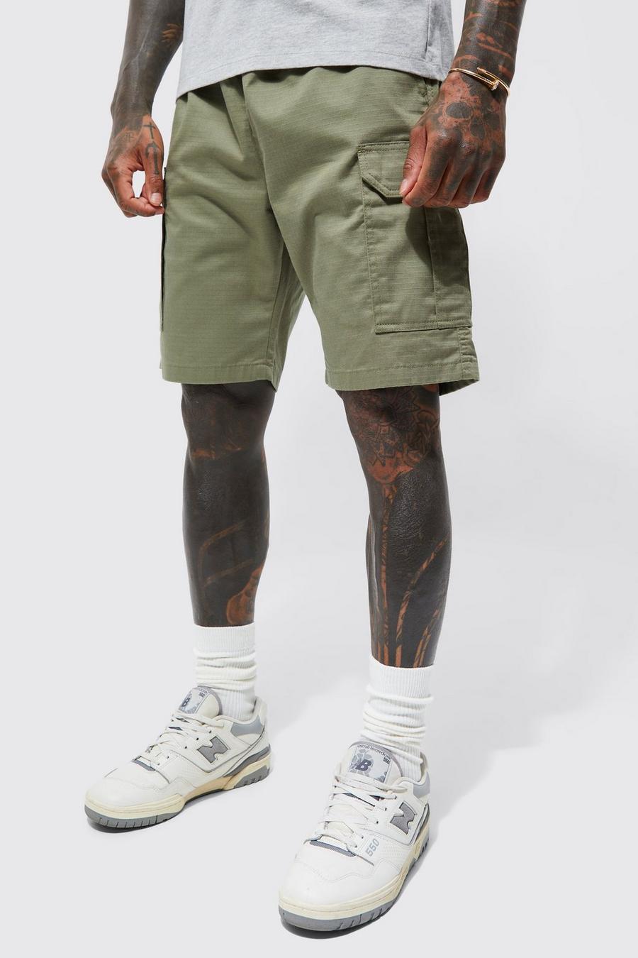 Lockere Ripstop Cargo-Shorts mit elastischem Bund, Khaki