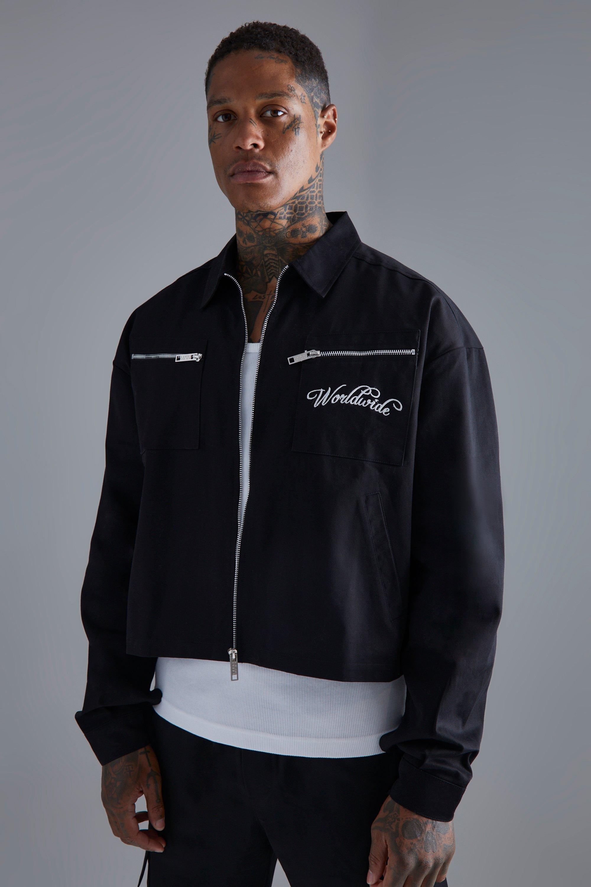 Boxy Embroidered Twill Worker Jacket boohoo IE