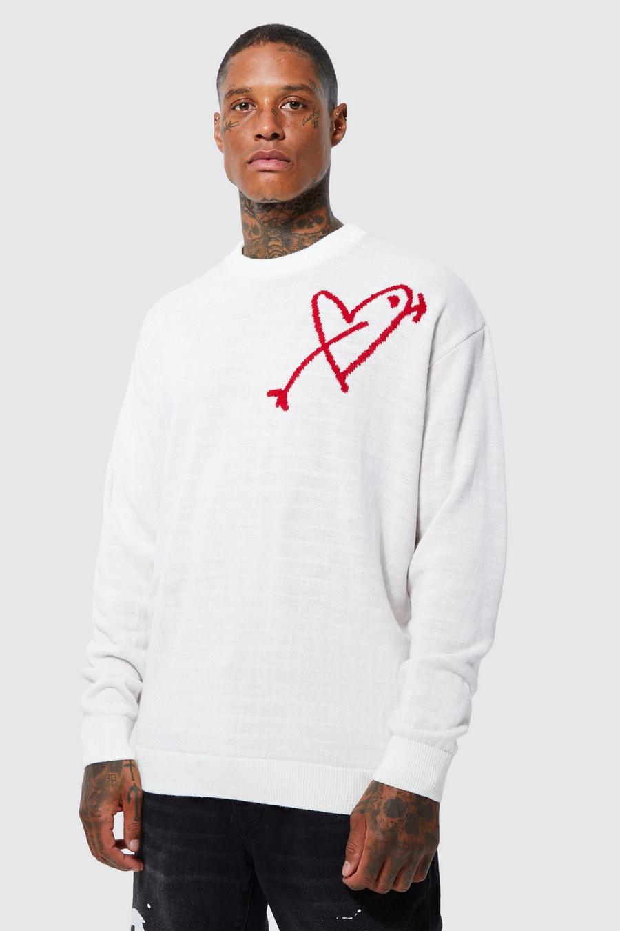 Ecru white Oversized Line Drawing Heart Knitted Jumper