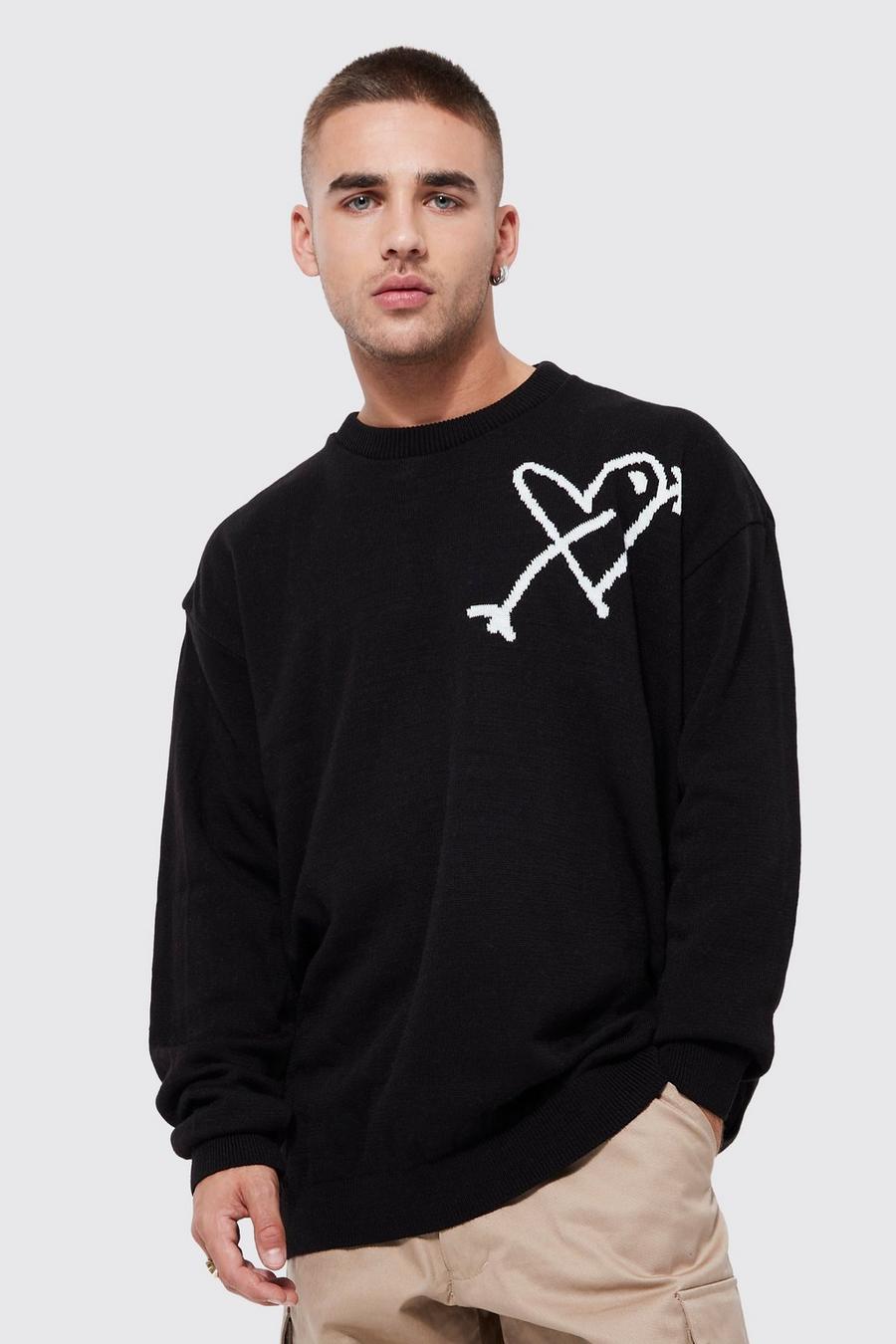 Black Oversized Line Drawing Heart Knitted Jumper image number 1