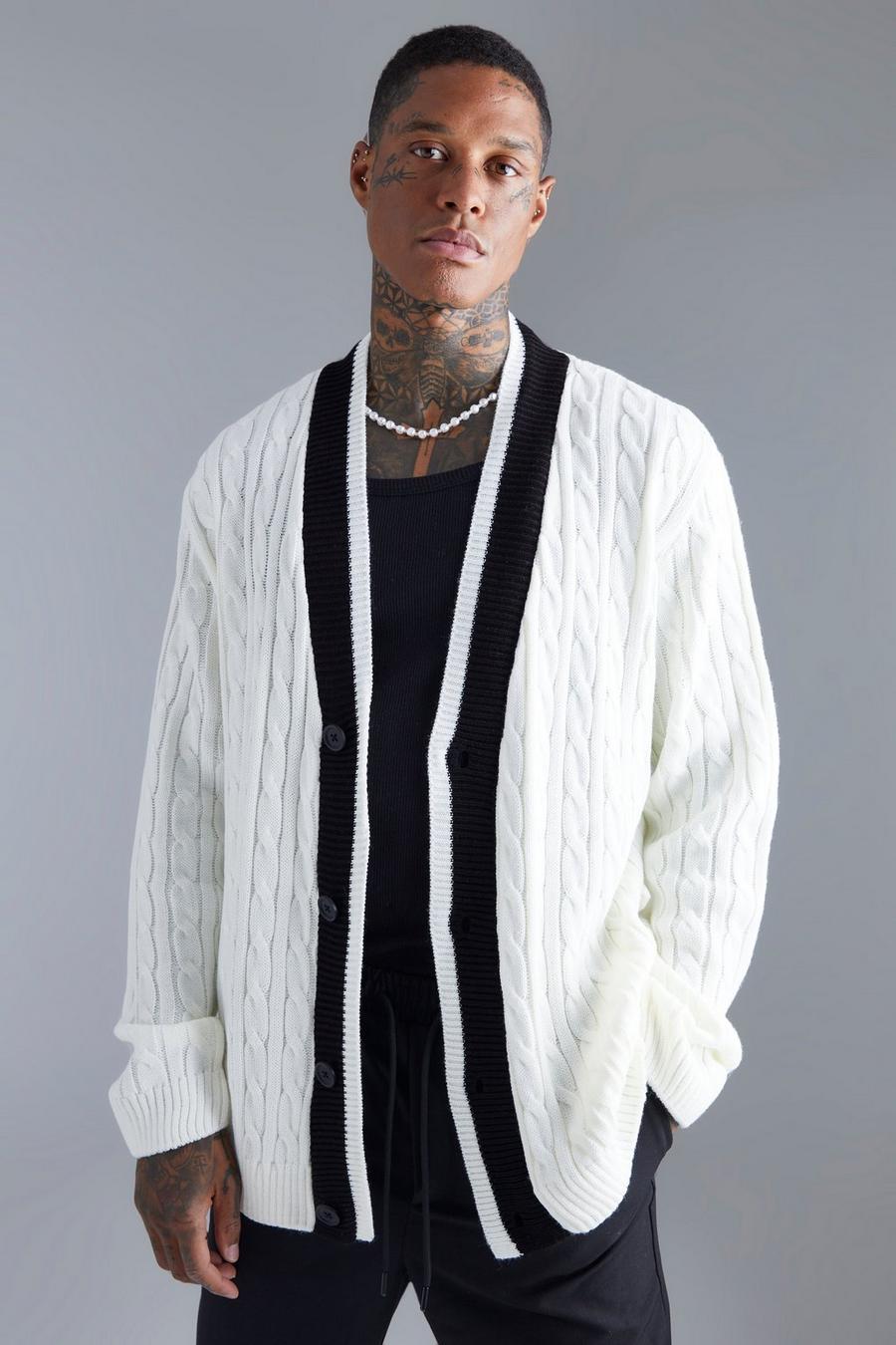 Ecru Relaxed Cable Knit Extended Placket Cardigan  image number 1
