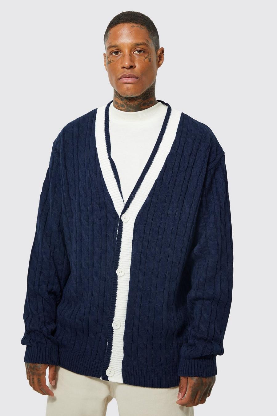 Navy marinblå Relaxed Cable Knit Extended Placket Cardigan  image number 1