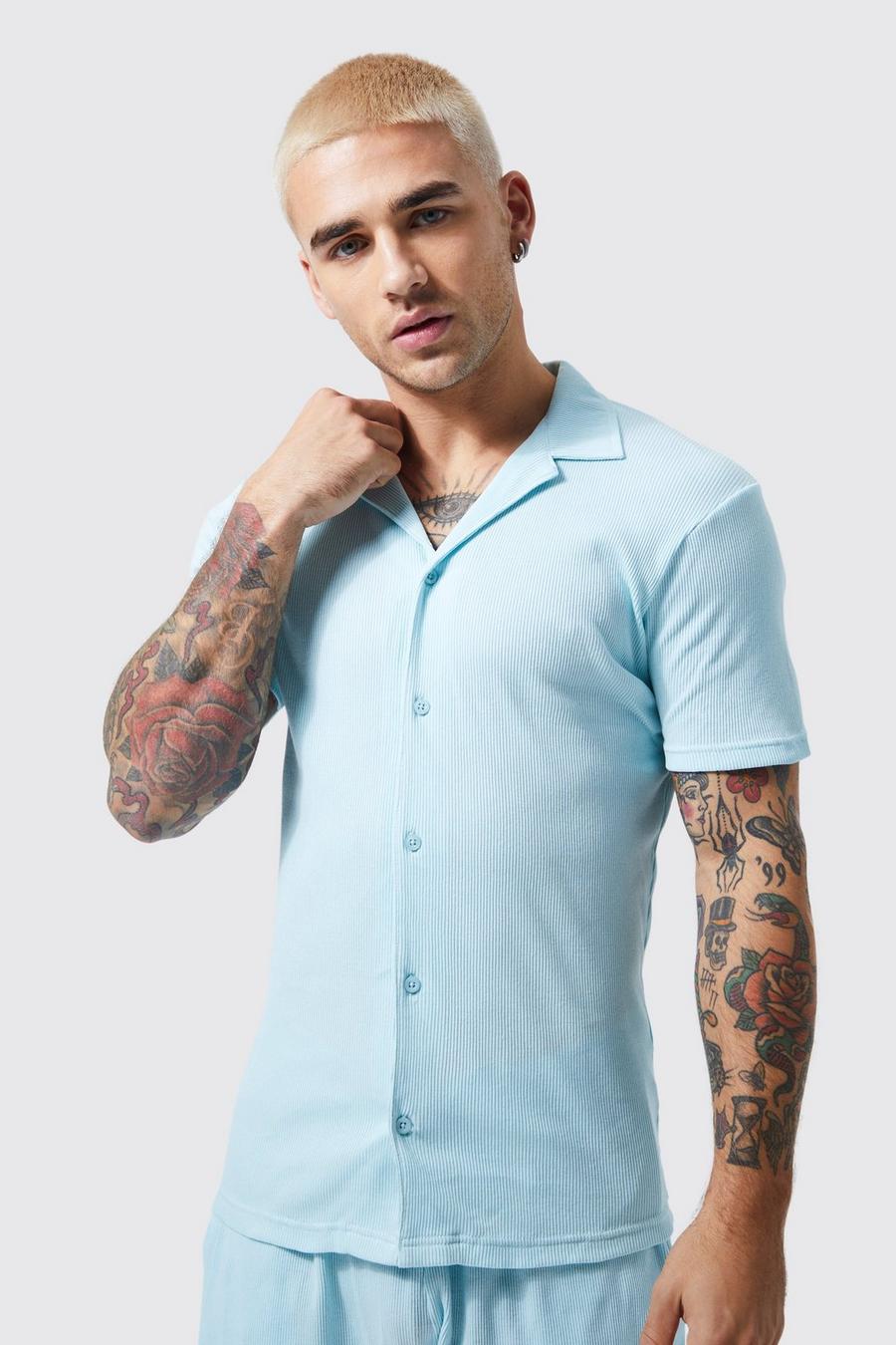 Kurzärmliges geripptes Muscle-Fit Jersey-Hemd, Pale blue image number 1