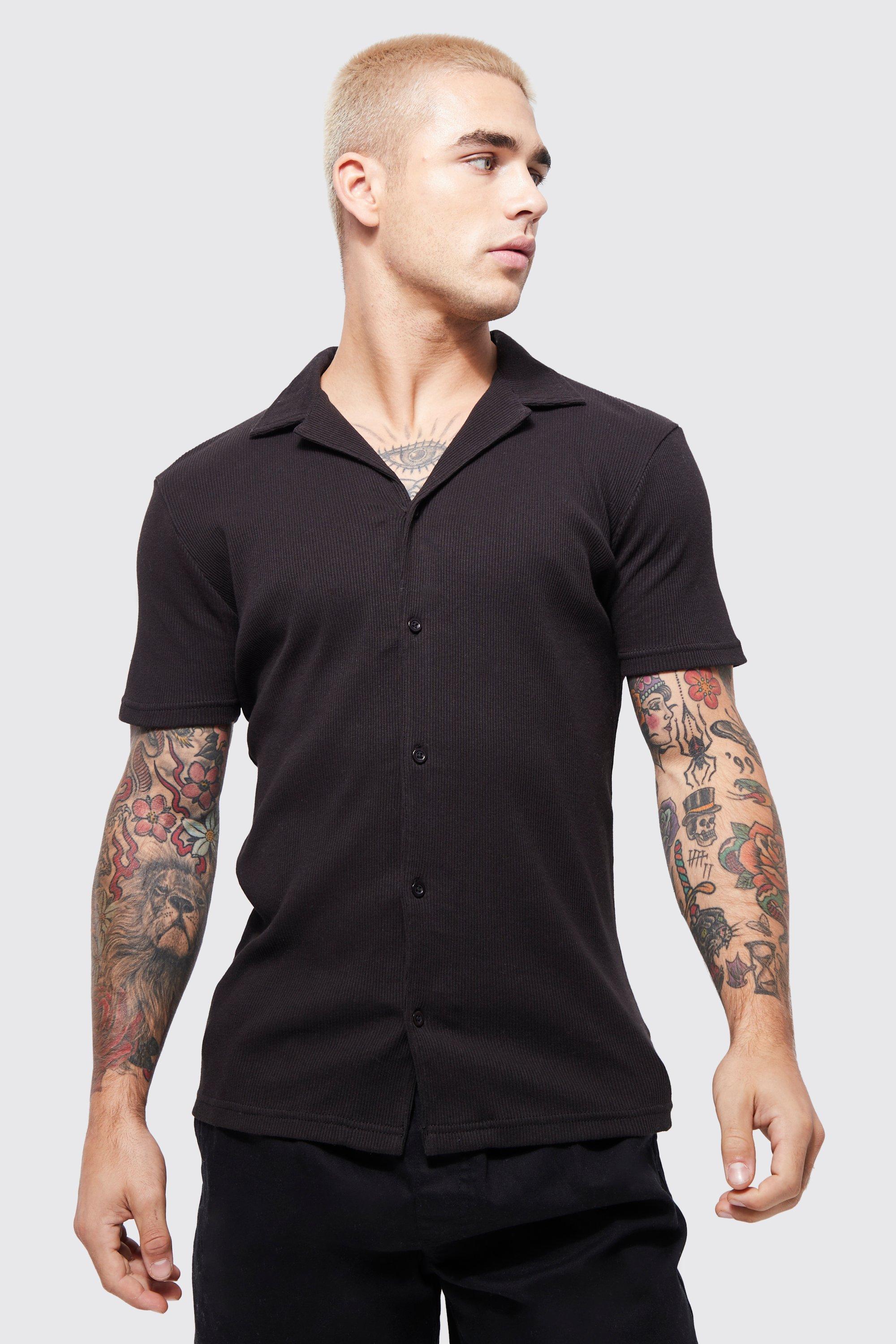 Black Collared Top Short Sleeve Button Up Rib Jersey