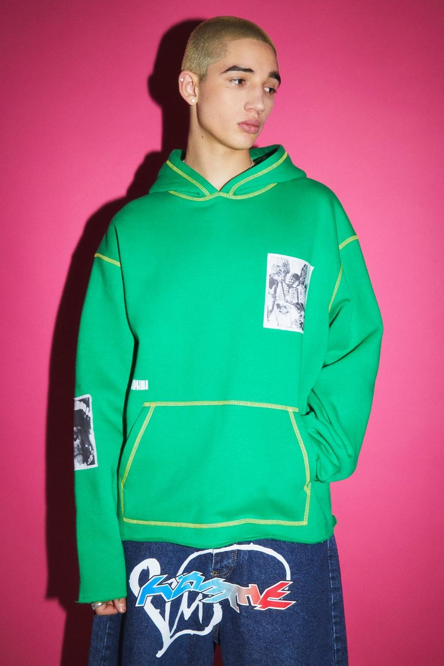 Green Oversized Boxy Raw Hem Applique Patch Hoodie image number 1