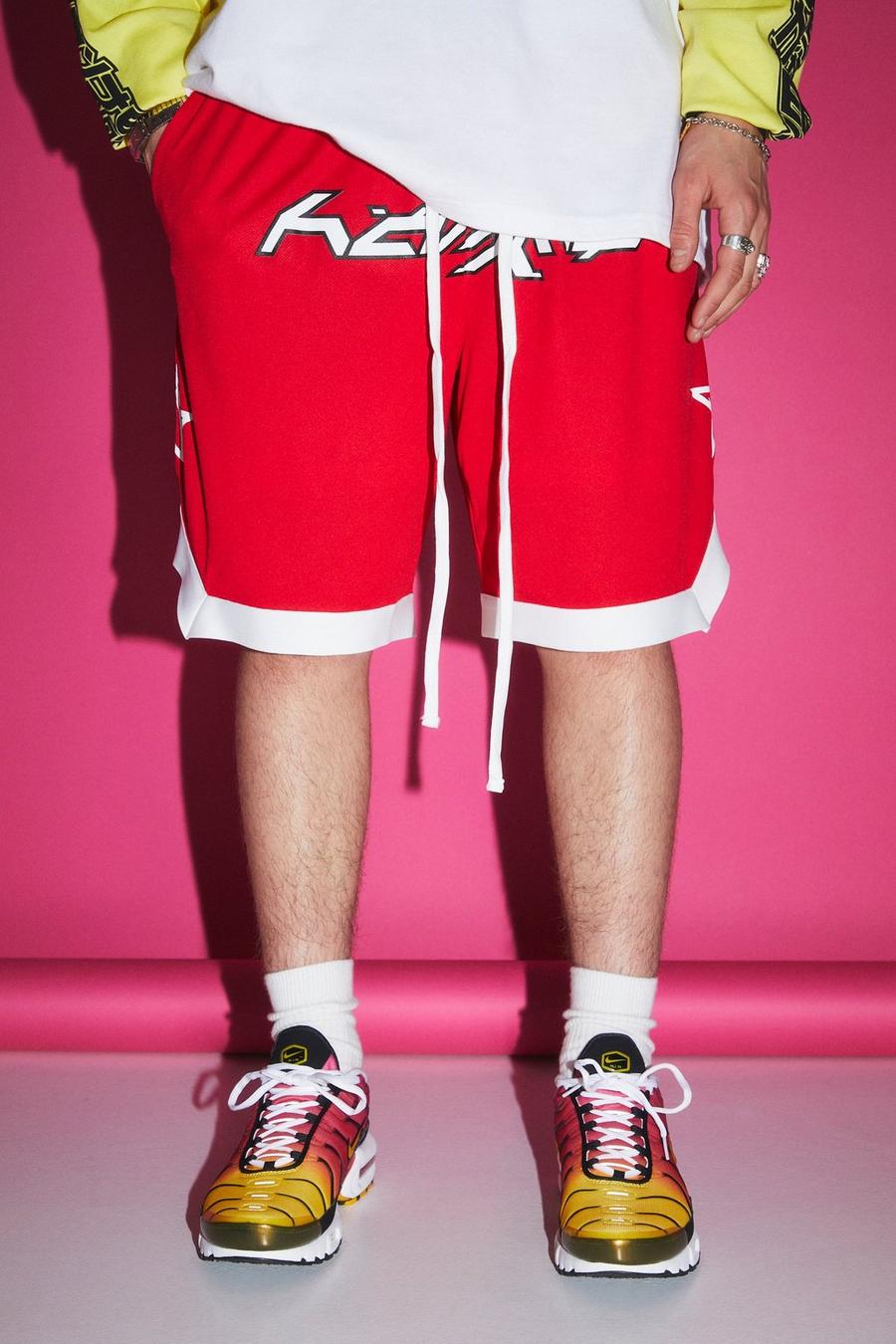 Red Loose Fit Mid Length Mesh Star Basketball Short