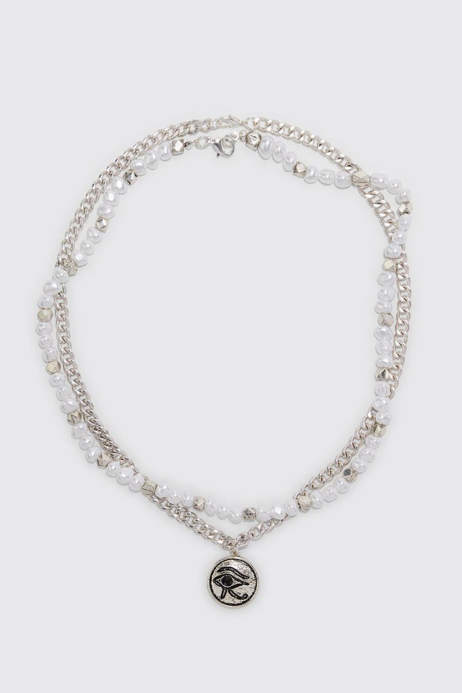 Silver Multi Layer Pearl And Pendant Necklace