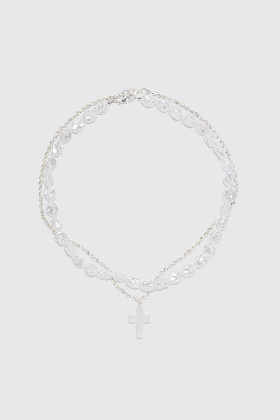 Doppellagige Perlen-Halskette mit Kreuz, Silver silber