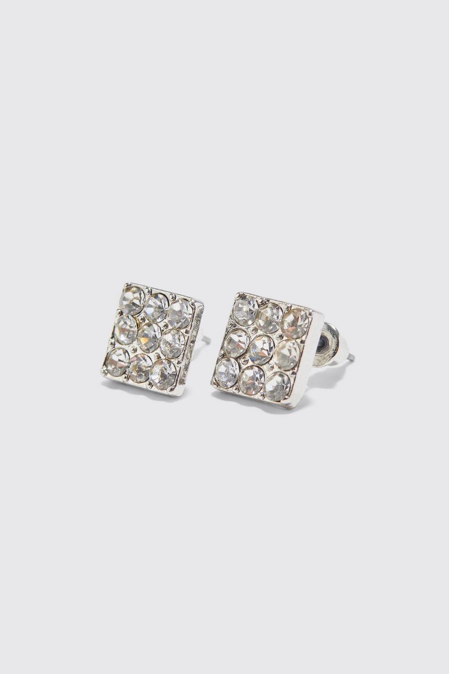 Silver Iced Square Stud Earrings image number 1