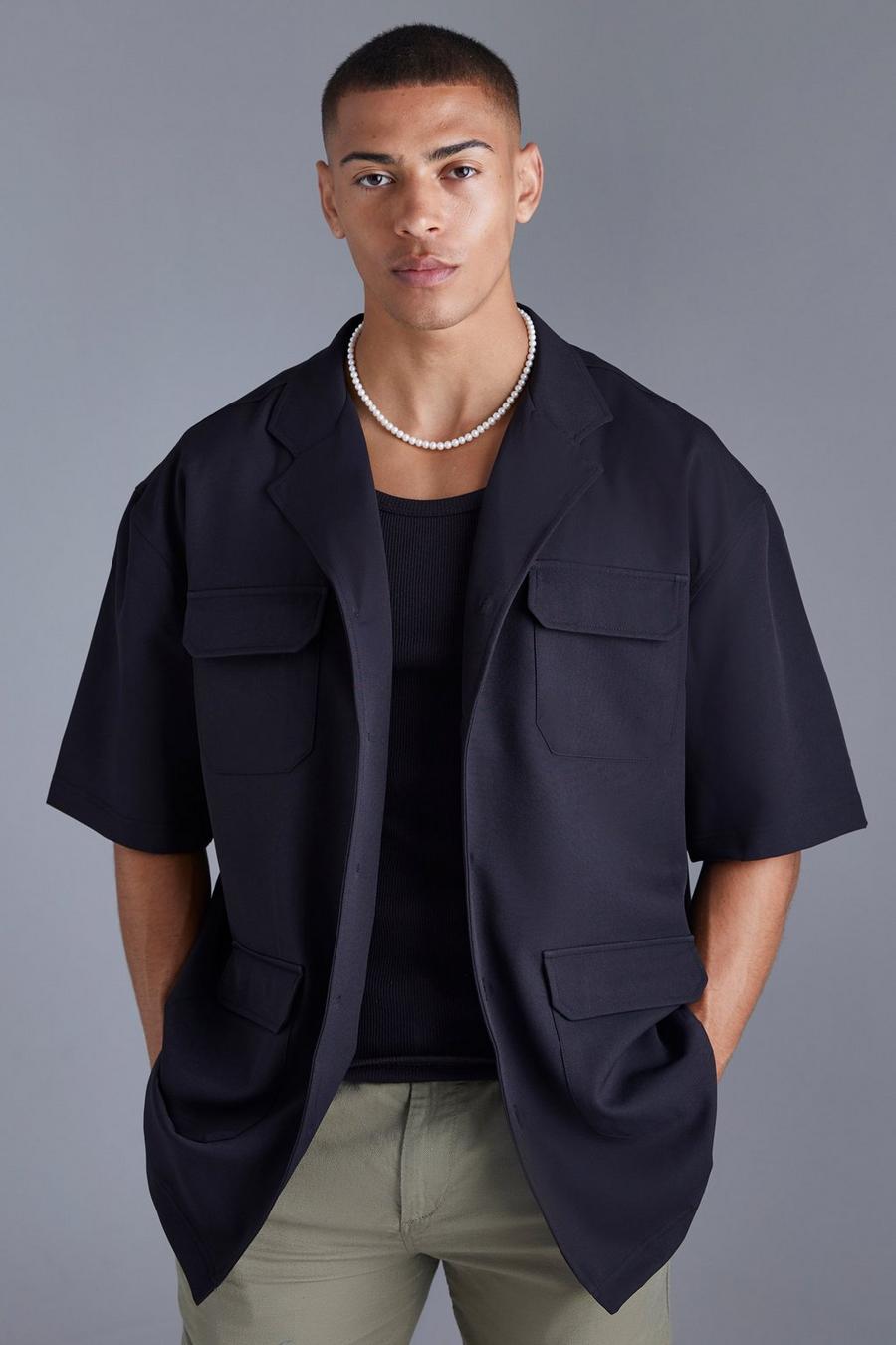 Camicia squadrata oversize a maniche corte con 4 tasche, Black image number 1