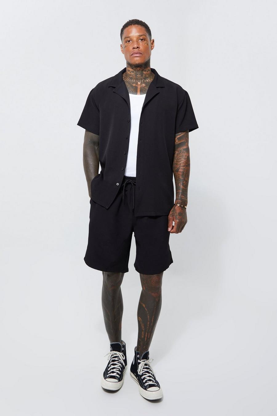 Black svart Oversized Revere Shirt And Basketball Short Set