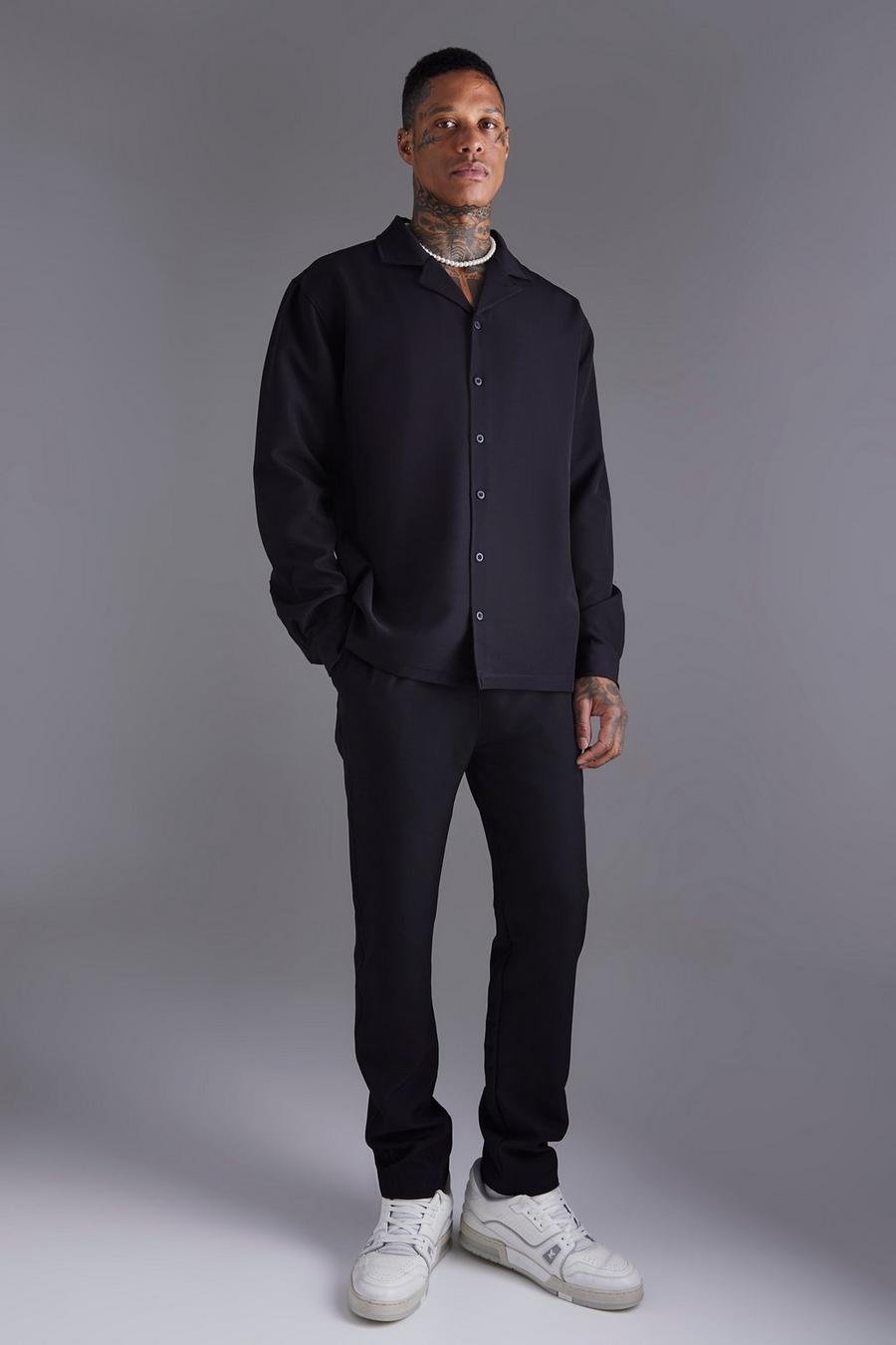 Black Oversized Revere Shirt And Slim Trouser Set image number 1