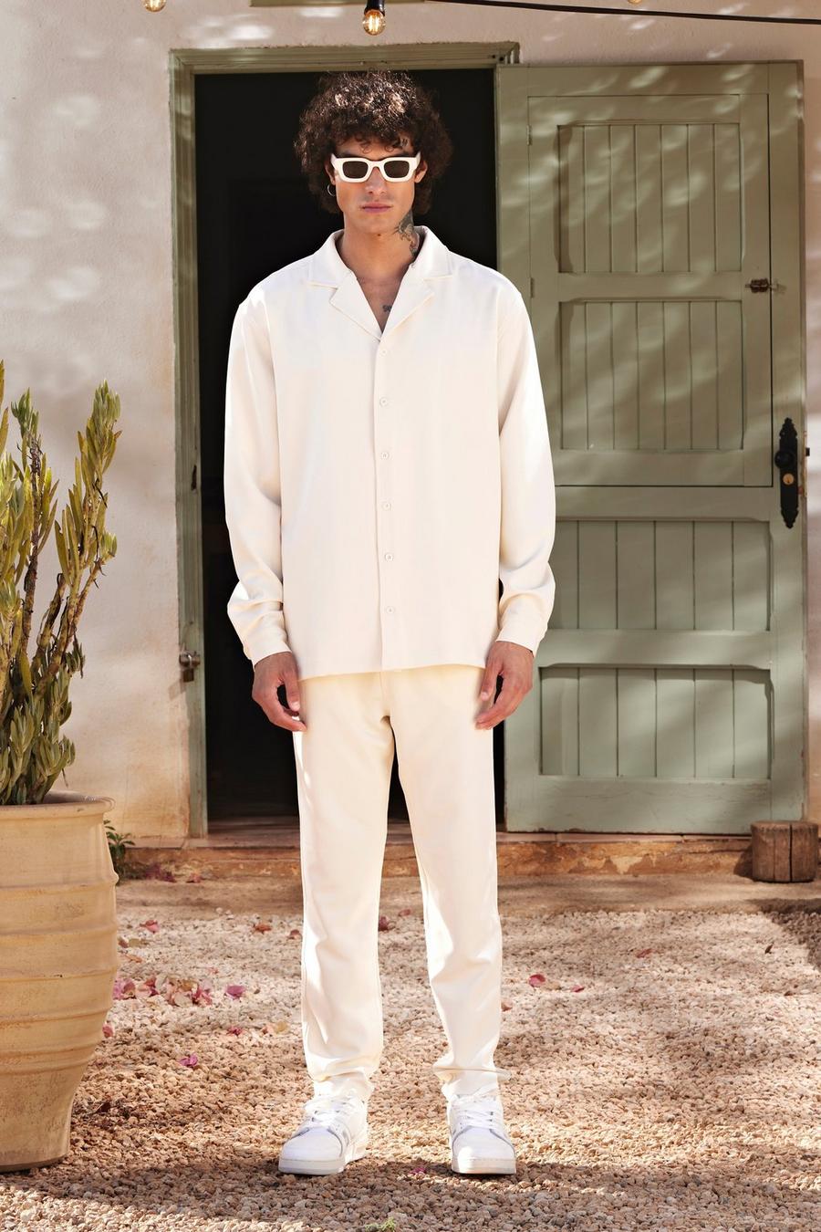 Ecru white Oversized Revere Shirt And Slim Trouser Set