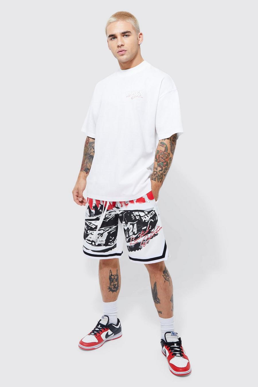 Conjunto oversize de pantalón corto y camiseta de baloncesto Homme, Ecru blanco image number 1