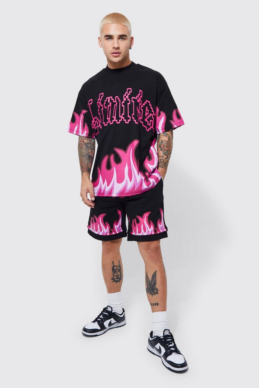 Pink Oversized Flames Graphic Faux Layer Short Set image number 1