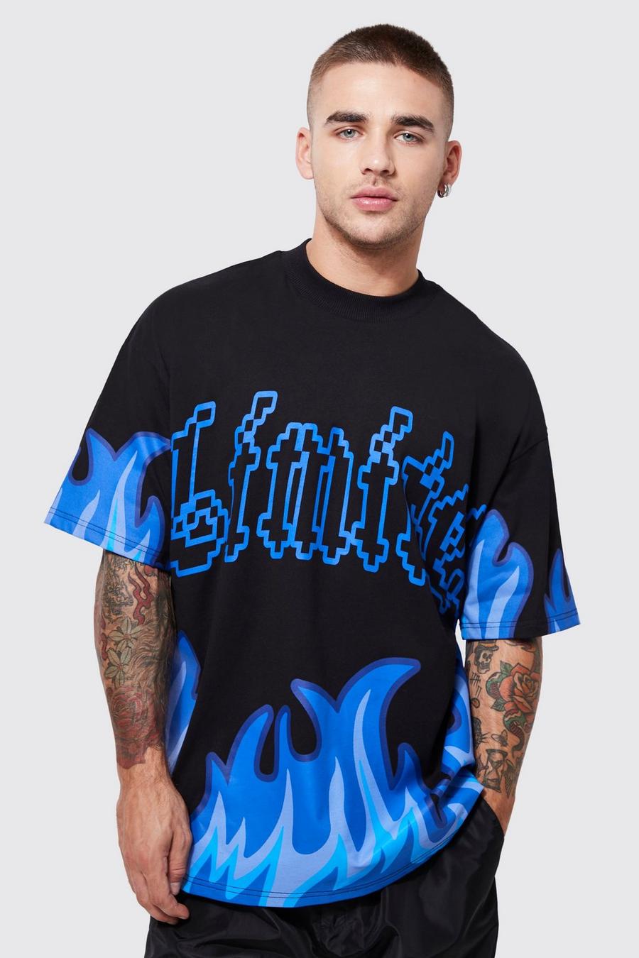 Camiseta oversize con estampado gráfico de llamas, Black negro