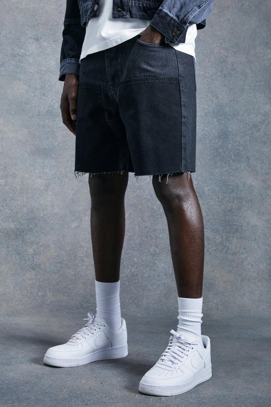 Washed black Relaxed Fit Worker Panel Denim Shorts image number 1