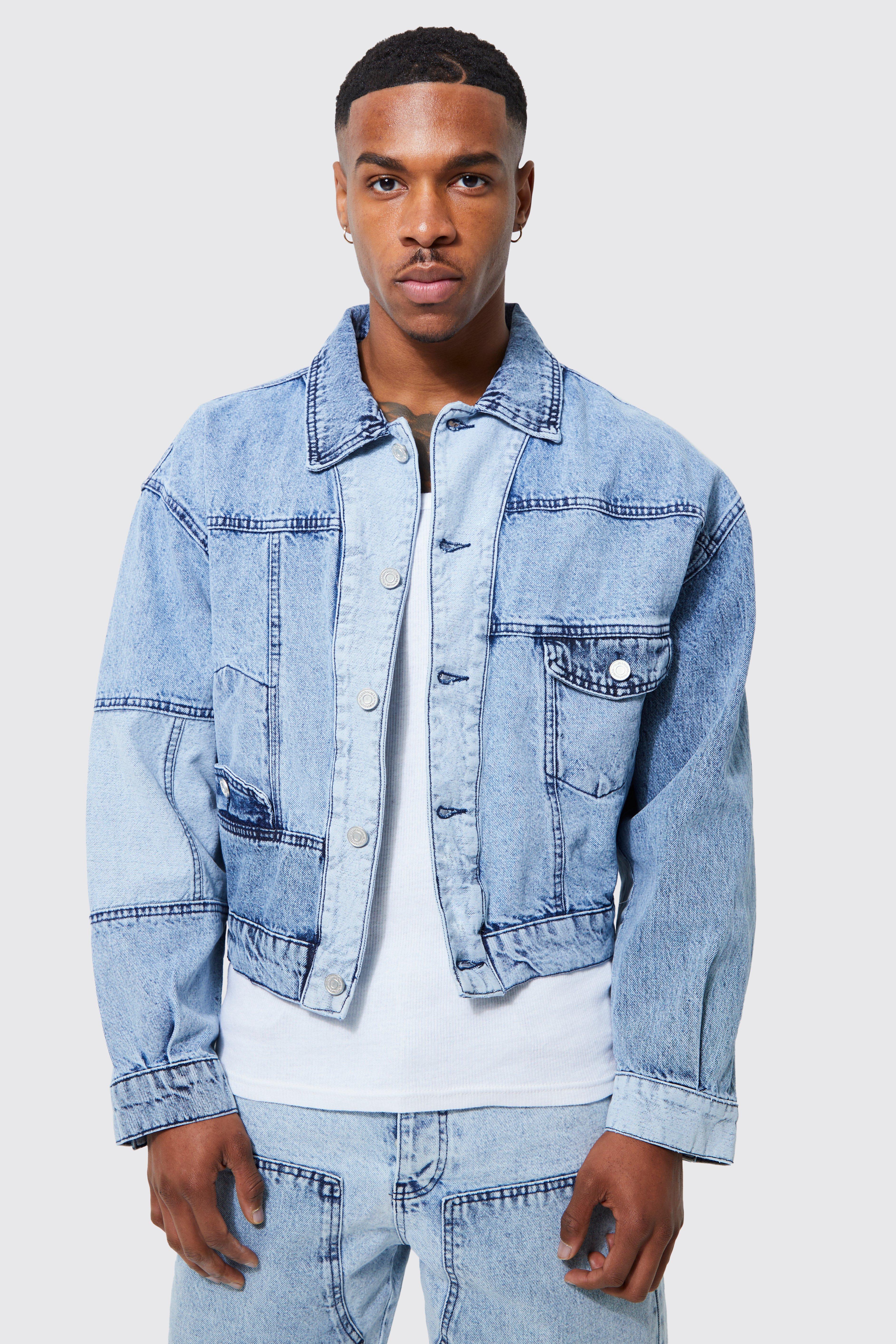 Ice blue Boxy Fit Spliced Print Denim Jacket