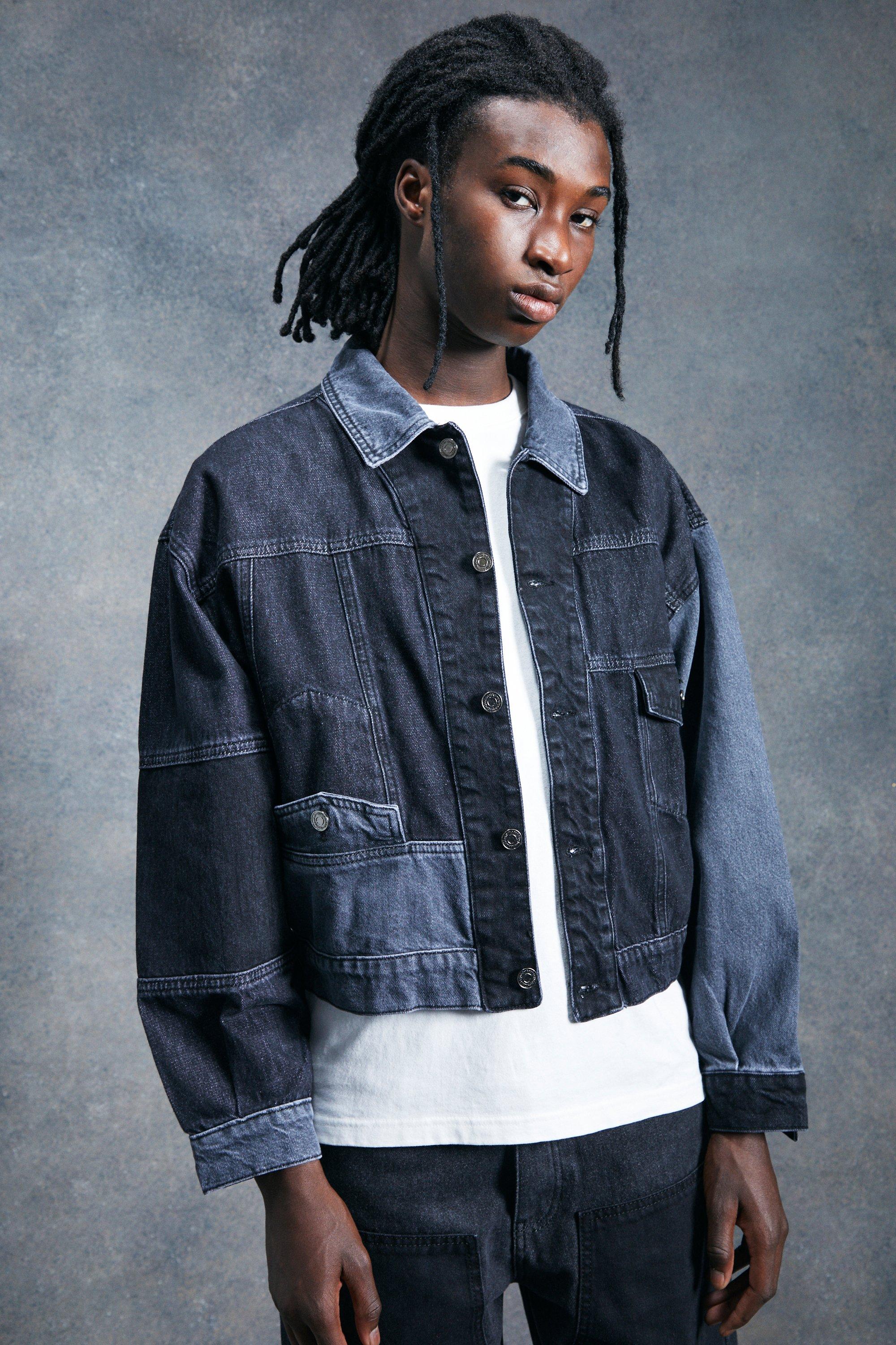 Washed black Boxy Fit Spliced Print Denim Jacket