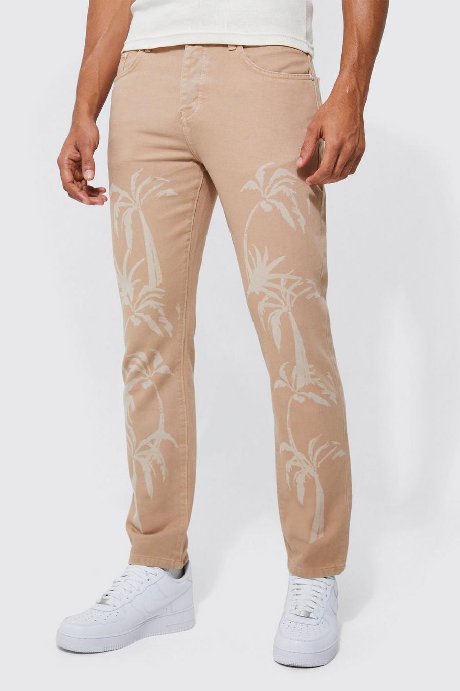 Jeans Slim Fit con stampa al laser di palme sul fondo, Sand beige