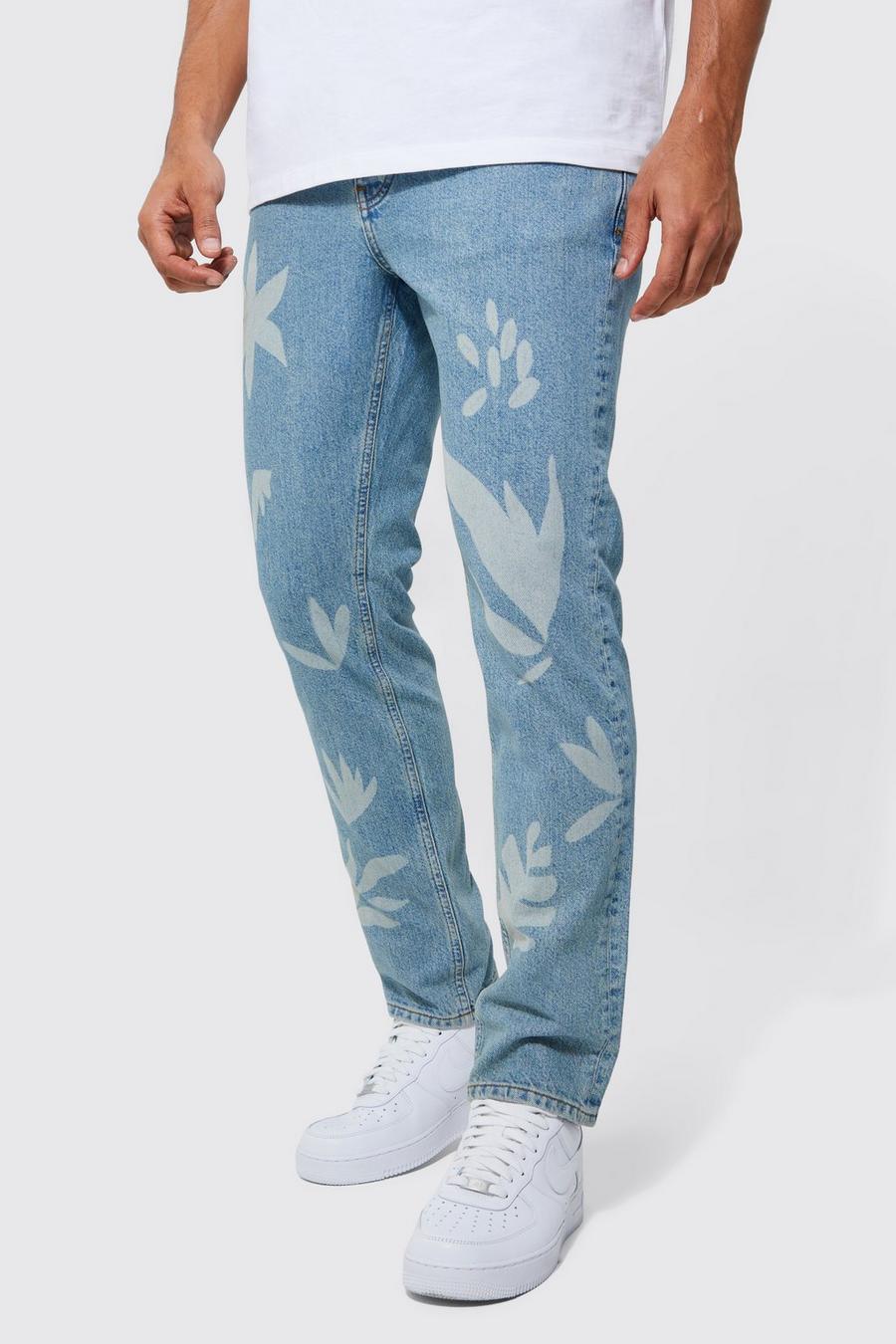 Antique wash blue Slim Fit Laser Print Jeans image number 1