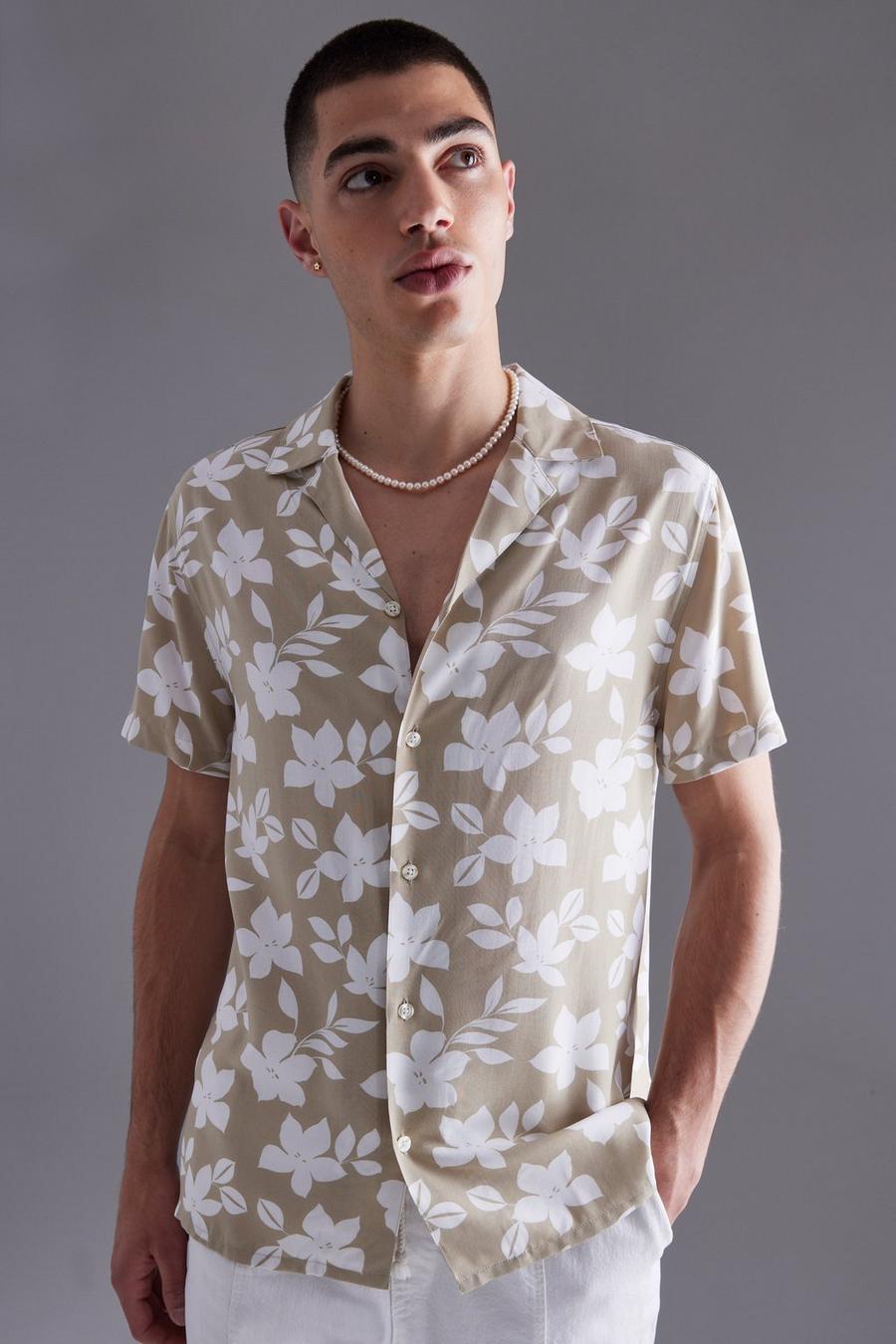 Yellow Short Sleeve Viscose Floral Revere Shirt  image number 1