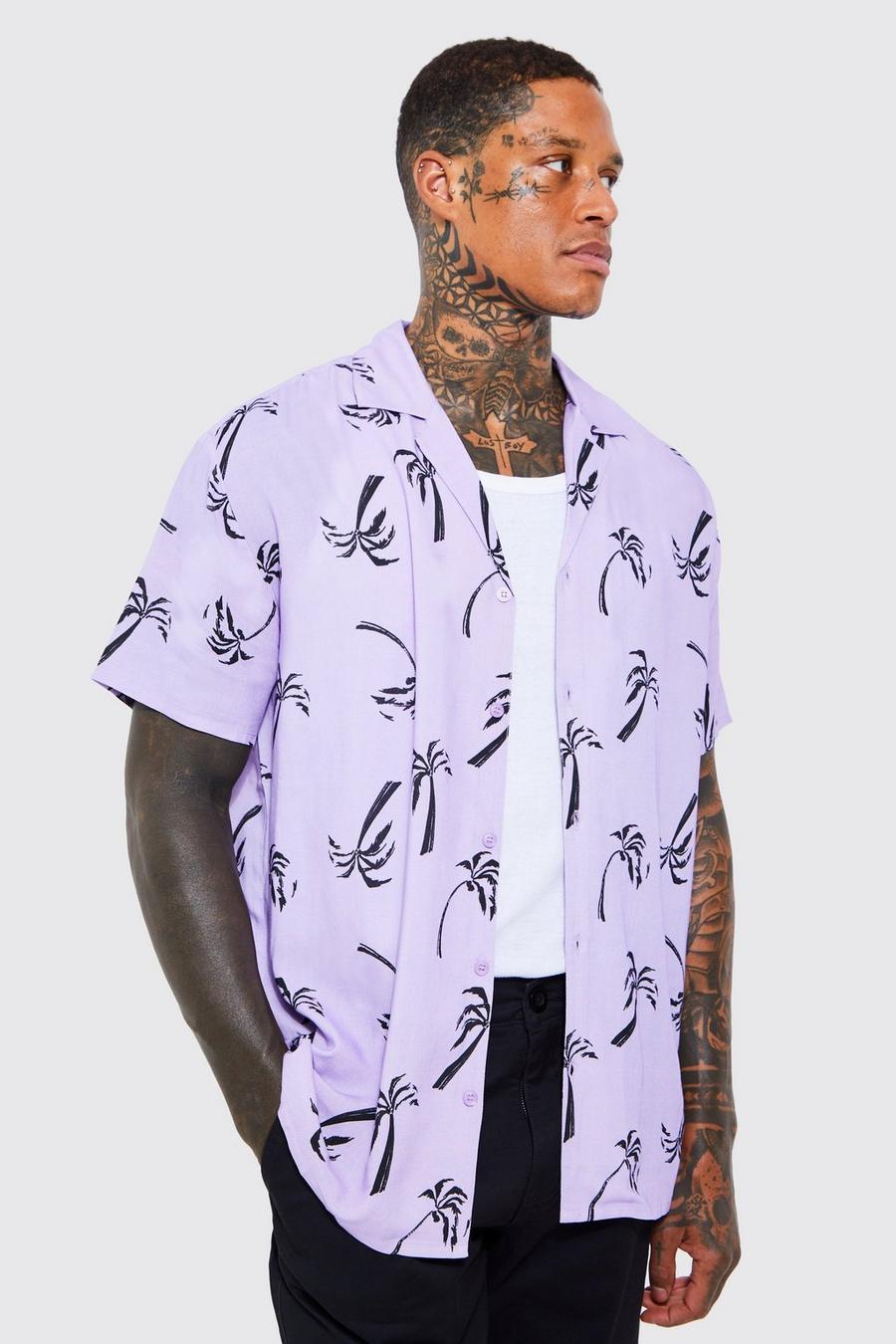 Lilac purple Short Sleeve Viscose Palm Revere Shirt  image number 1