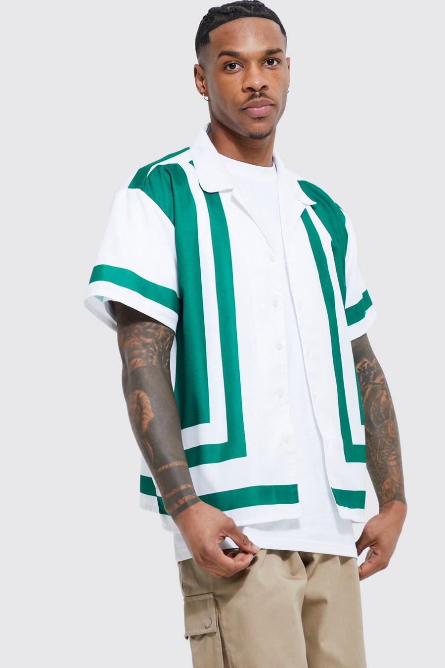 Green Short Sleeve Boxy Border Slub Shirt 