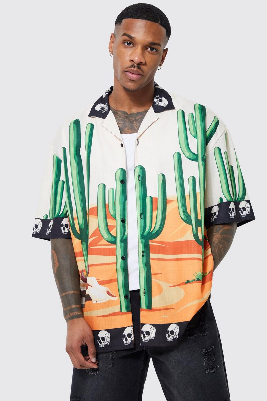Kastiges Oversize Hemd mit Kaktus Slub Print, Ecru weiß