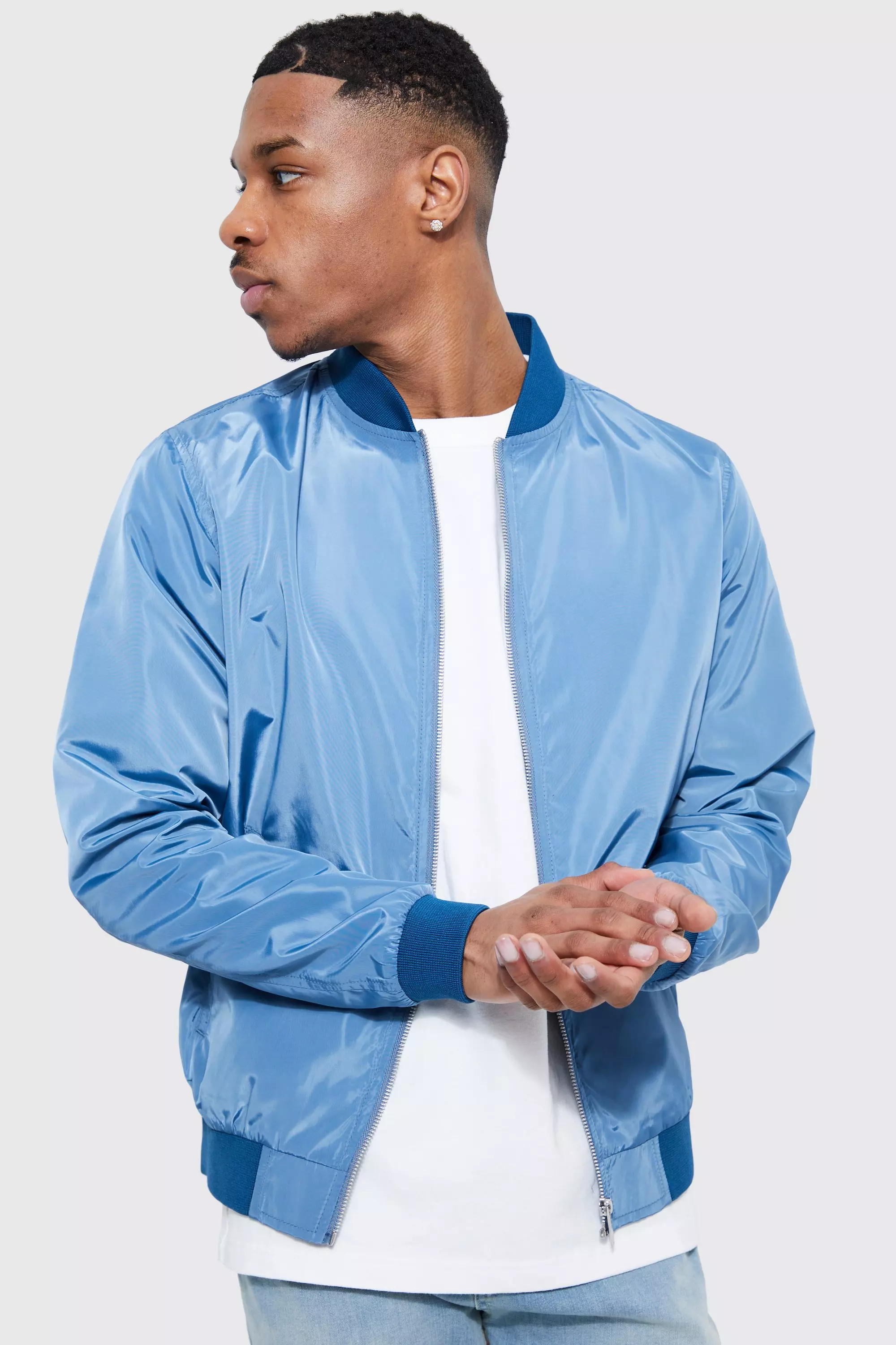 Blue nylon 2024 bomber jacket