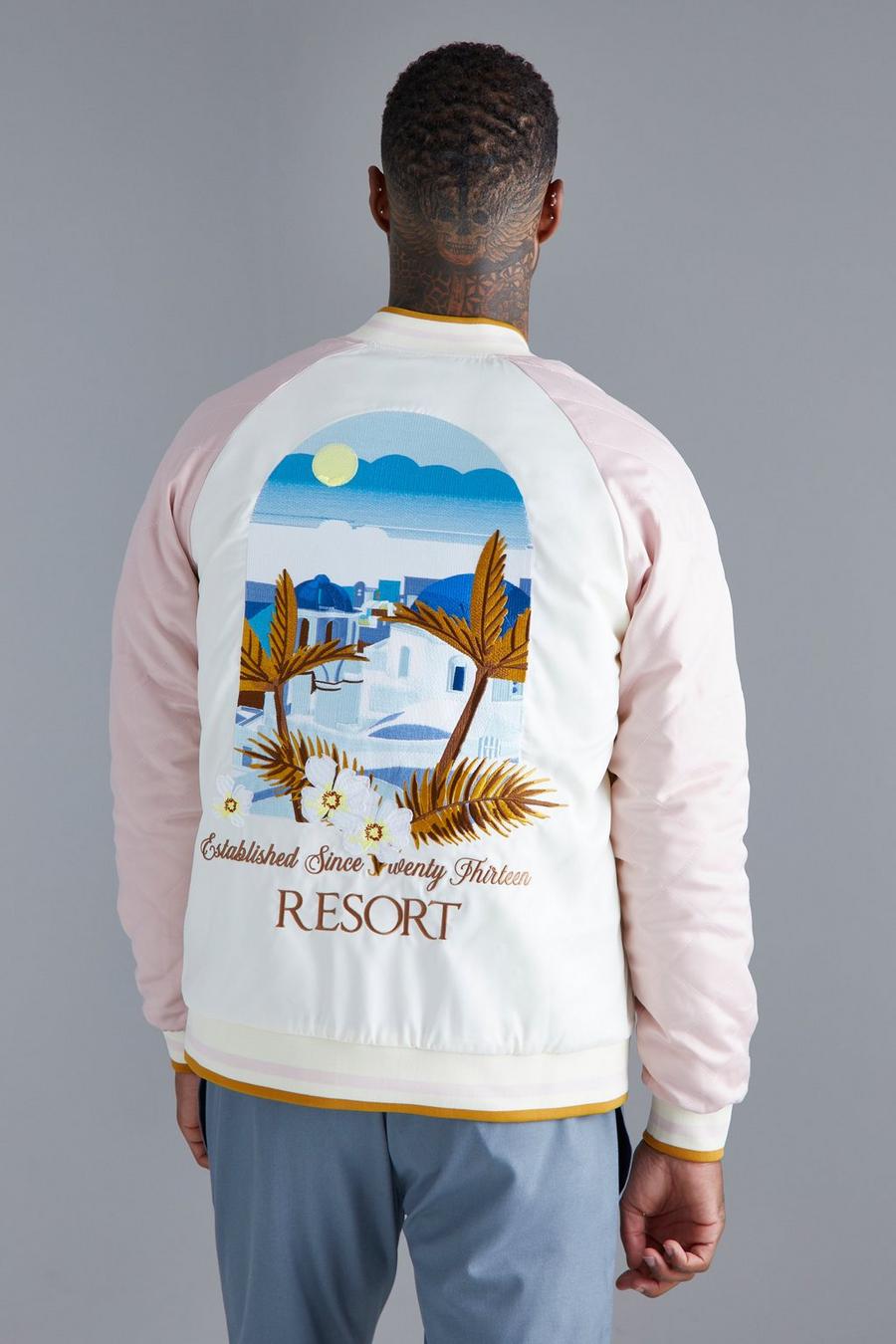 Pale pink Satin Palm Embroidery Souvenir Jacket