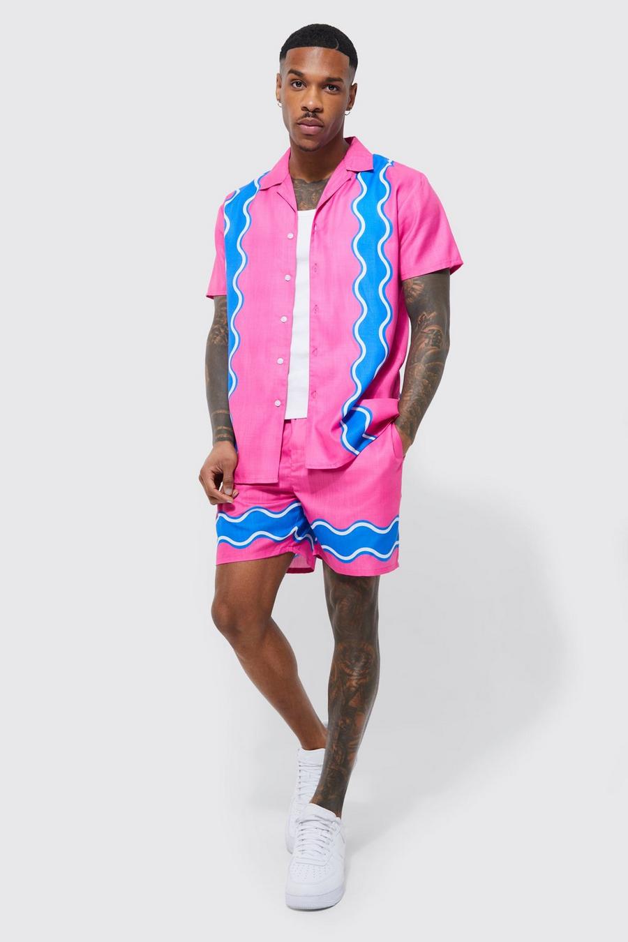 Pink Regular Fit Overhemd Met Golvende Zoom En Shorts Set
