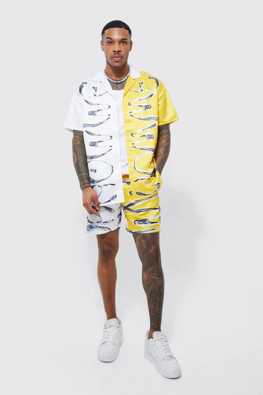Yellow Oversized Satin Spliced Shirt And Short  image number 1