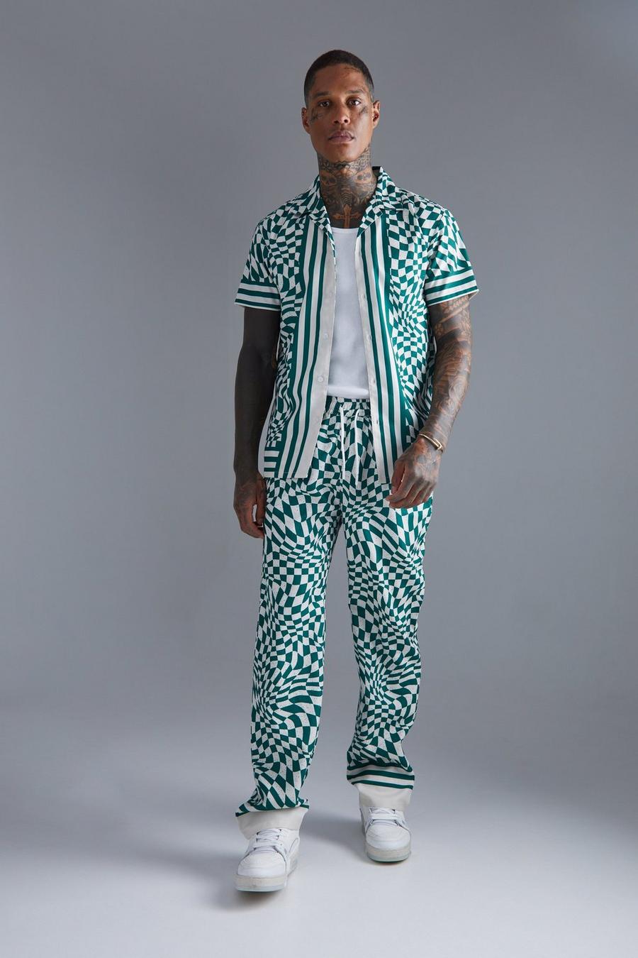 Conjunto de pantalón y camisa con estampado de cuadros dameros, Green image number 1