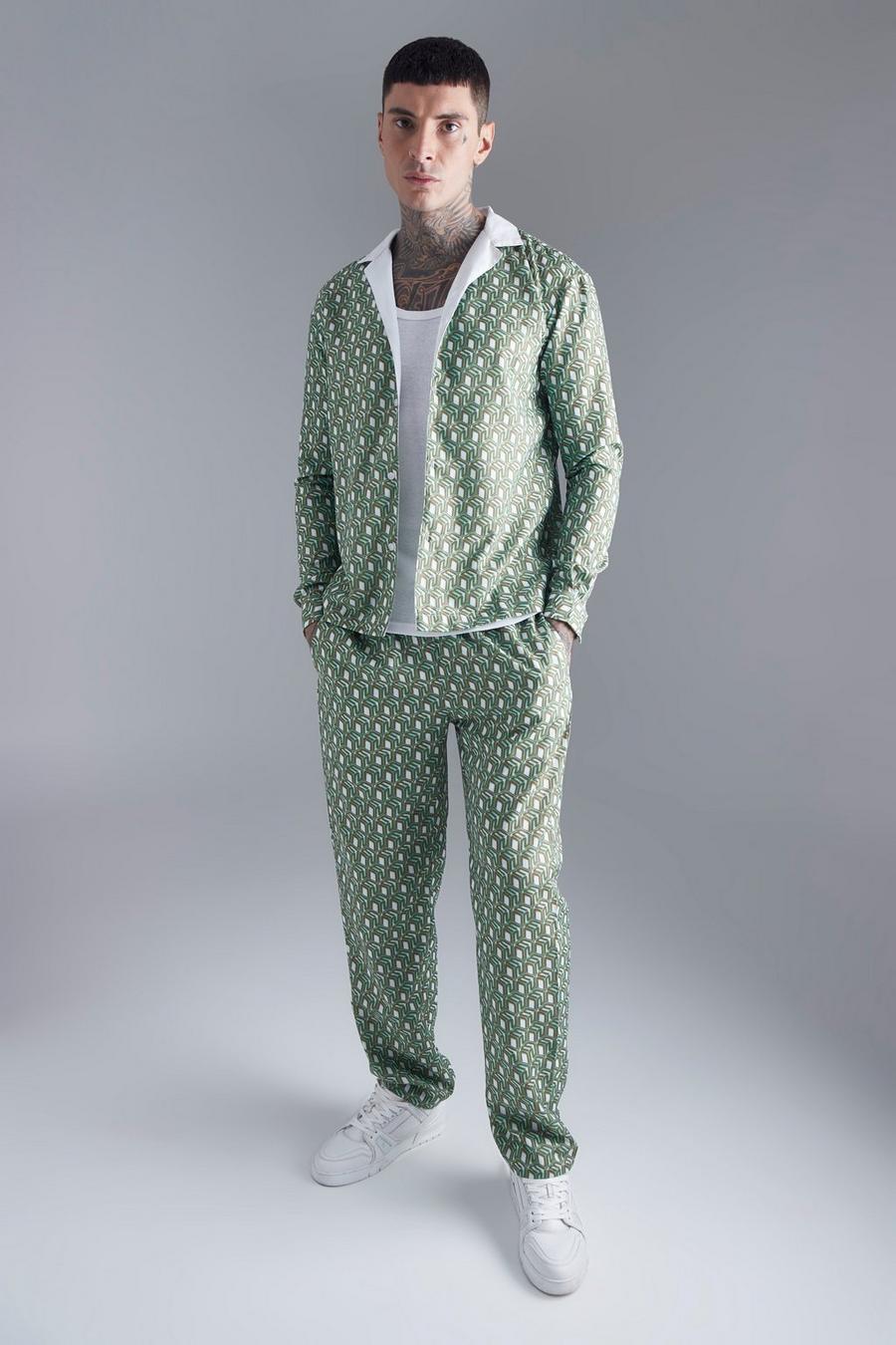Green Long Sleeve Geo Shirt And Trouser Set image number 1