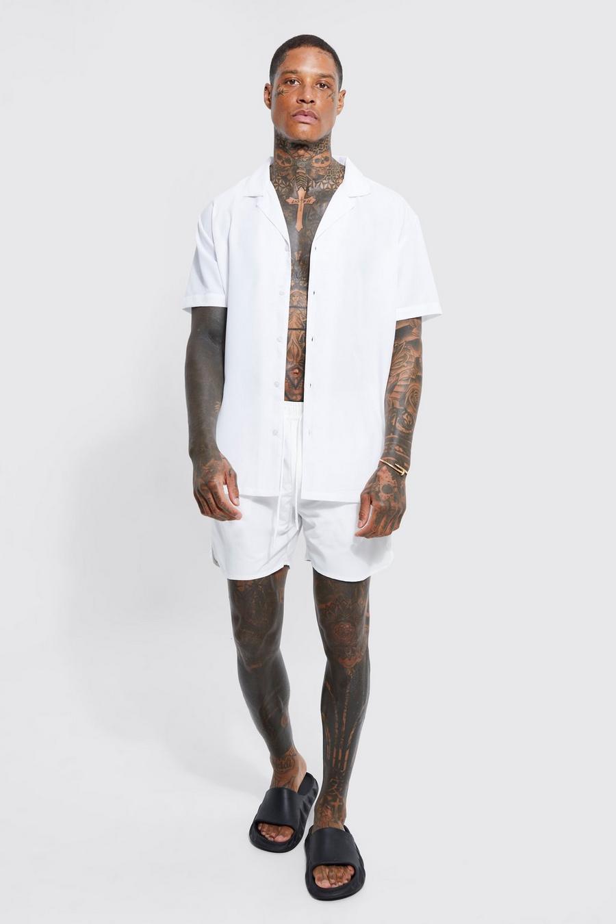 White Plain Shirt And Matching Swim Short Set  image number 1