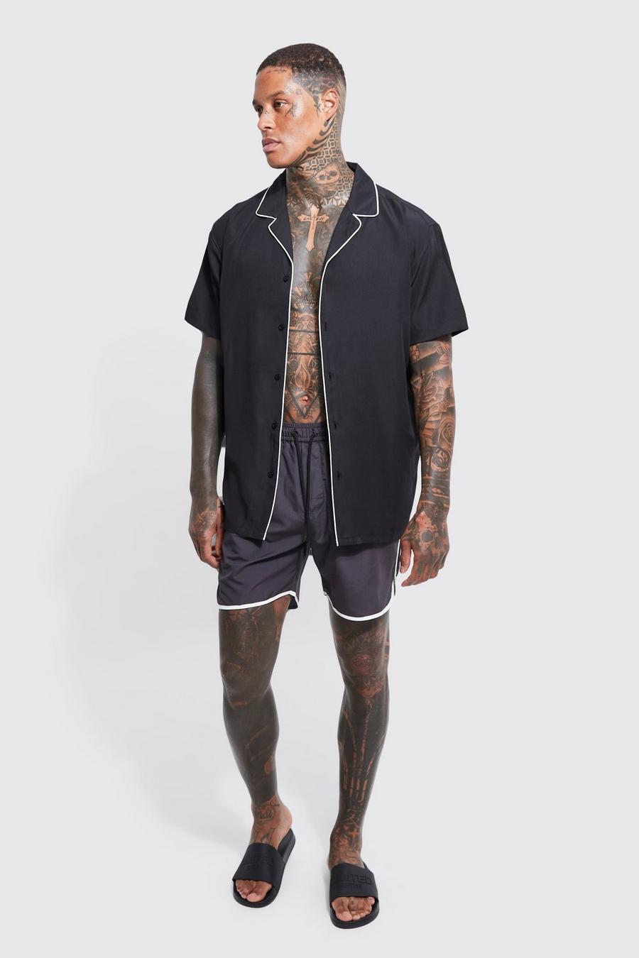 Black Piping Shirt And Swim Set  image number 1
