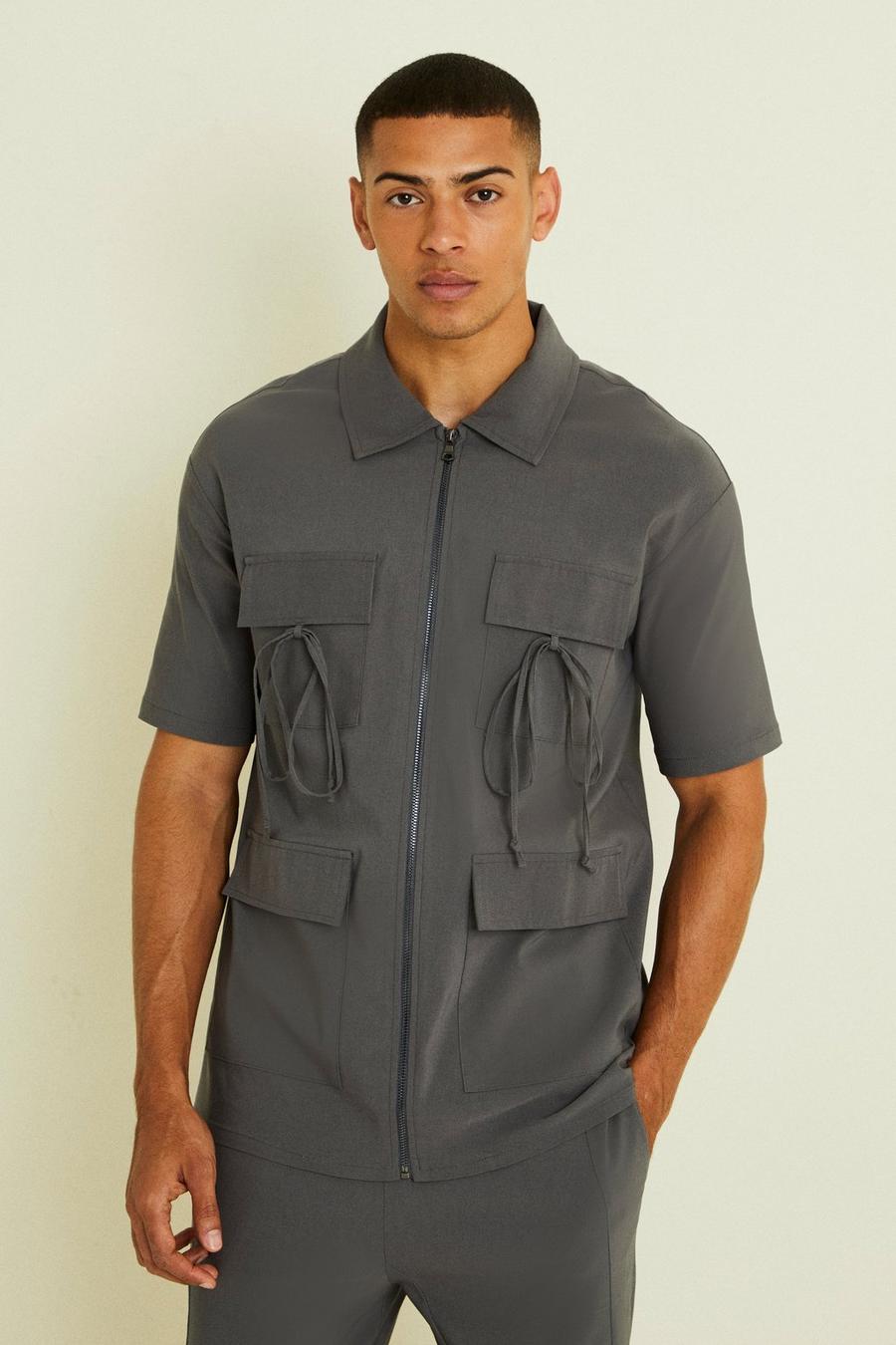 Charcoal gris Short Sleeve Cargo Pocket Boxy Shirt
