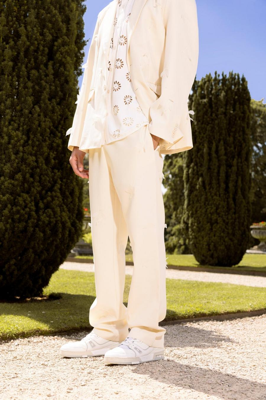 Ecru blanc Organza Embroidered Relaxed Suit Trouser