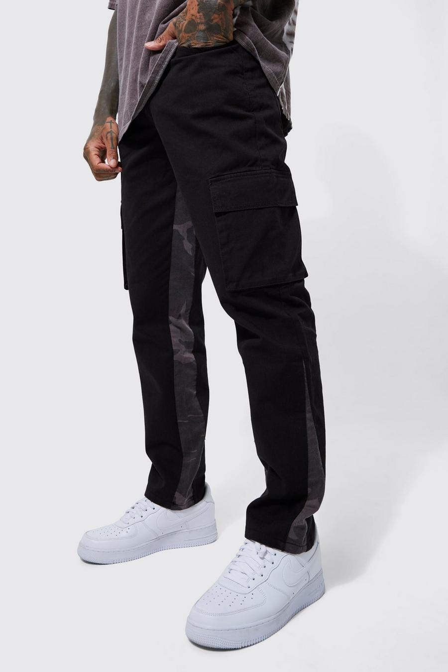 Men's Fixed Waist Straight Camo Gusset Cargo Trouser | Boohoo UK