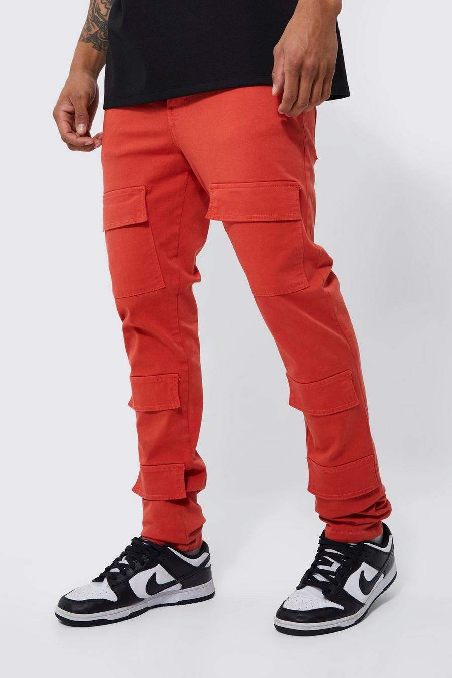 Red Fixed Waist Skinny Stacked Front Pocket Cargo Trouser image number 1